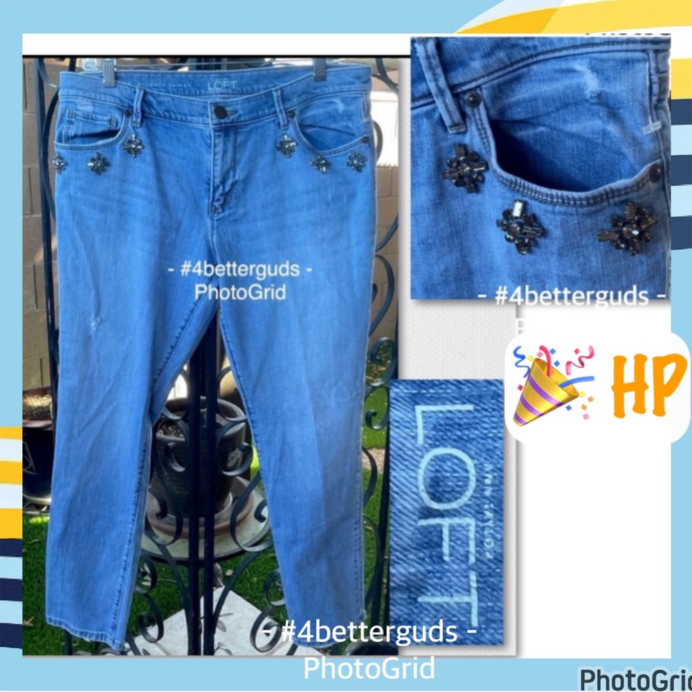 LOFT Relaxed Skinny Rhinestone Embellished Light Blue Distressed Jeans 30P 10P